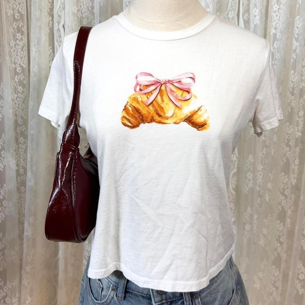 Francesca's Croissant Bow Baby Tee Top Womens XS Preppy‎ Coquette